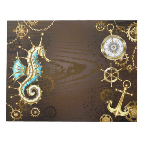 Wooden Background with Mechanical Seahorse Notepad