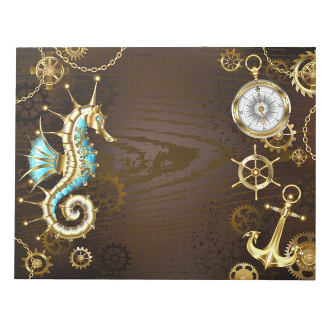 Wooden Background with Mechanical Seahorse Notepad (Front)