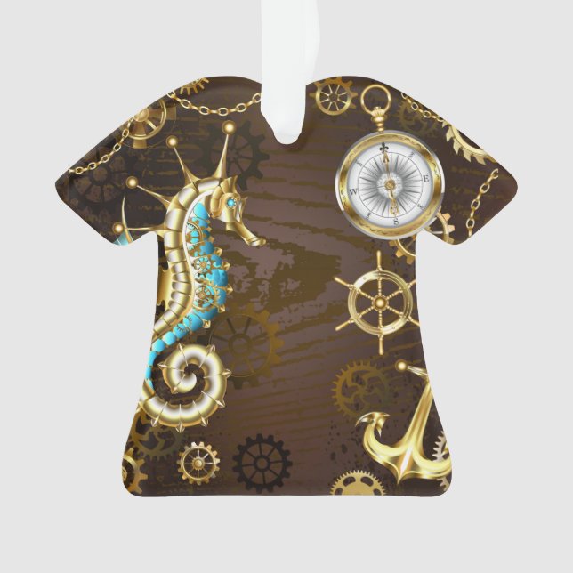 Wooden Background with Mechanical Seahorse Ornament (Front)