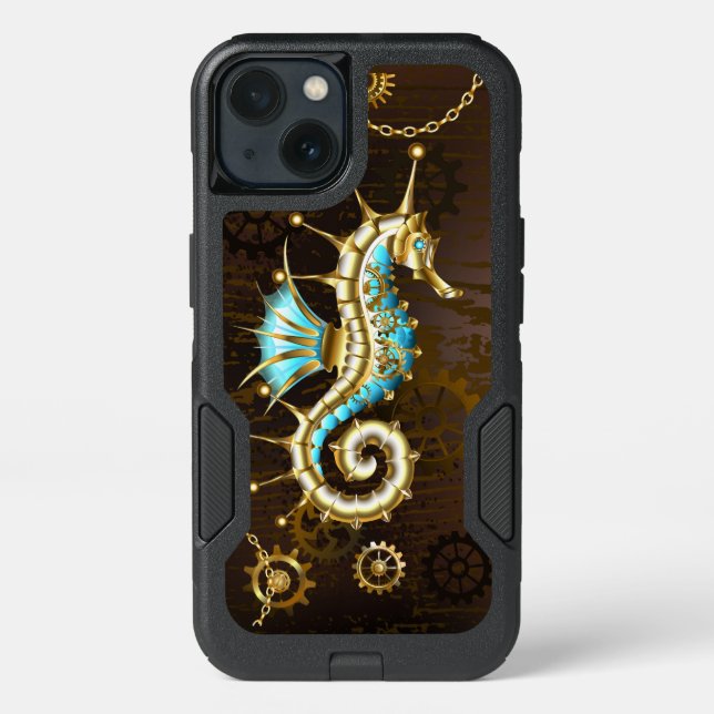 Wooden Background with Mechanical Seahorse Otterbox iPhone Case (Back)