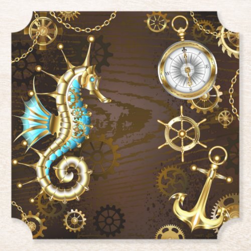 Wooden Background with Mechanical Seahorse Paper Coaster