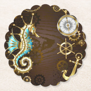 Wooden Background with Mechanical Seahorse Paper Coaster