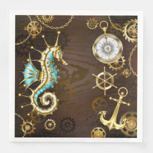 Wooden Background with Mechanical Seahorse Paper Dinner Napkins