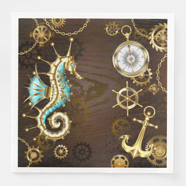 Wooden Background with Mechanical Seahorse Paper Dinner Napkins (Front)