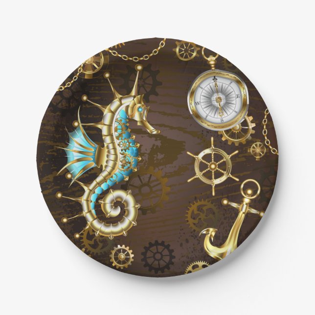 Wooden Background with Mechanical Seahorse Paper Plates (Front)