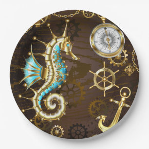 Wooden Background with Mechanical Seahorse Paper Plates