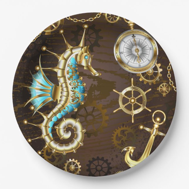 Wooden Background with Mechanical Seahorse Paper Plates (Front)