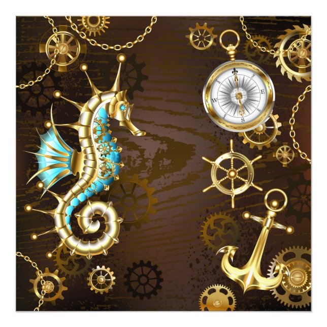 Wooden Background with Mechanical Seahorse Photo Print (Front)