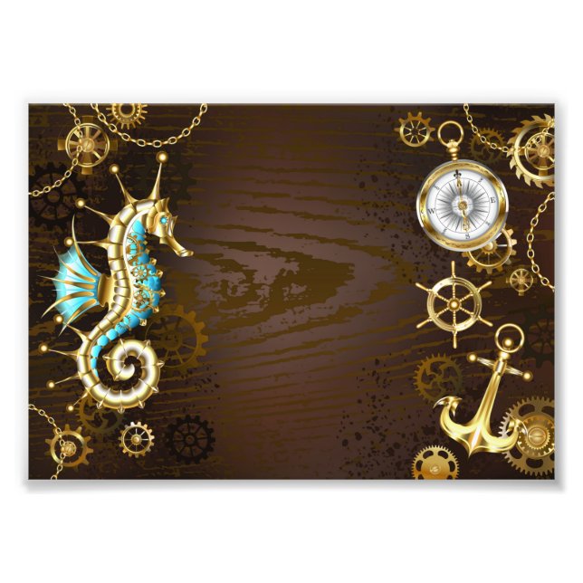 Wooden Background with Mechanical Seahorse Photo Print (Front)