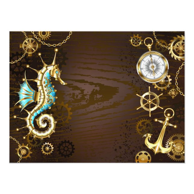 Wooden Background with Mechanical Seahorse Photo Print (Front)