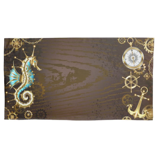 Wooden Background with Mechanical Seahorse Pillow Case (Front)