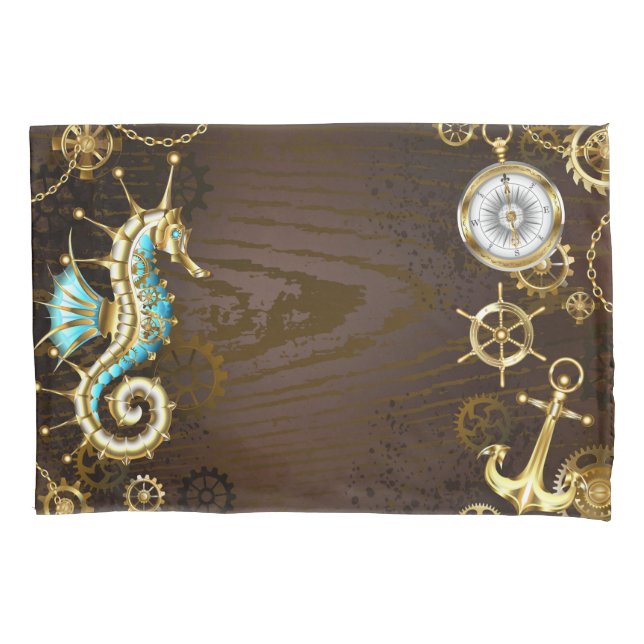 Wooden Background with Mechanical Seahorse Pillow Case (Front-Left)