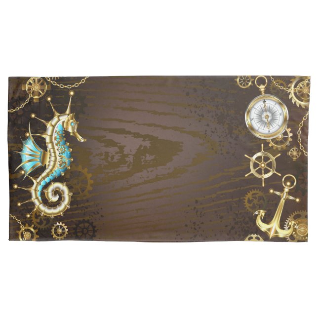 Wooden Background with Mechanical Seahorse Pillow Case (Front-Left)