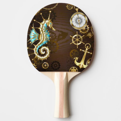 Wooden Background with Mechanical Seahorse Ping Pong Paddle