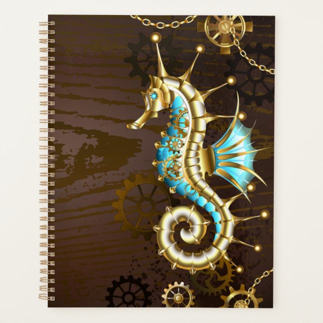 Wooden Background with Mechanical Seahorse Planner (Front)