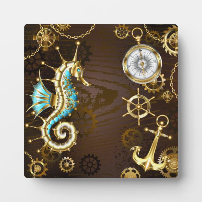 Wooden Background with Mechanical Seahorse Plaque (Front)