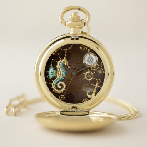 Wooden Background with Mechanical Seahorse Pocket Watch