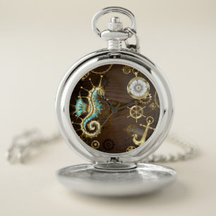 Wooden Background with Mechanical Seahorse Pocket Watch