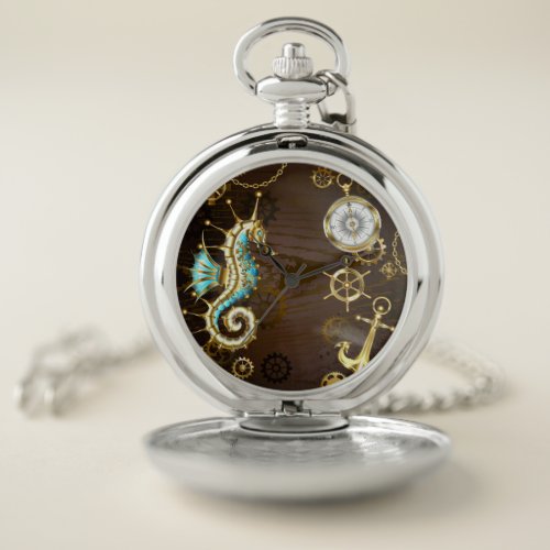 Wooden Background with Mechanical Seahorse Pocket Watch