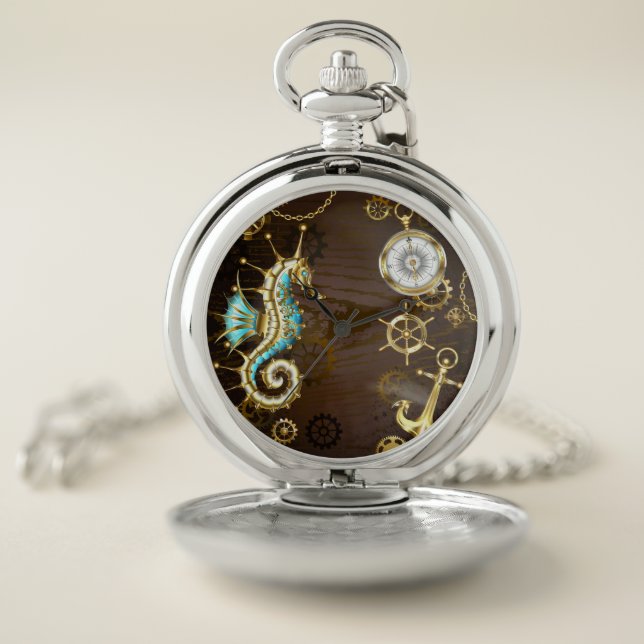 Wooden Background with Mechanical Seahorse Pocket Watch (Inside)