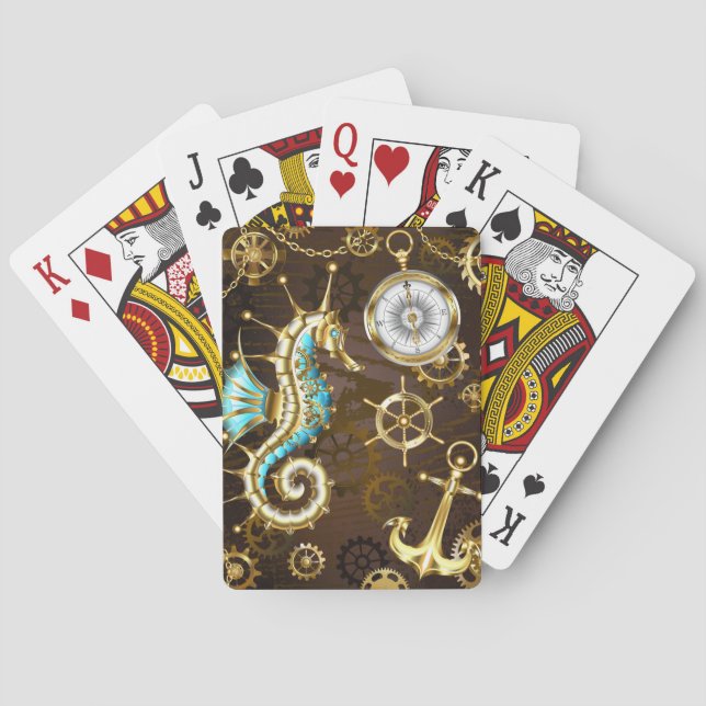 Wooden Background with Mechanical Seahorse Poker Cards (Back)