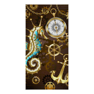 Wooden Background with Mechanical Seahorse Poster