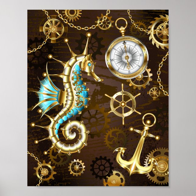 Wooden Background with Mechanical Seahorse Poster (Front)