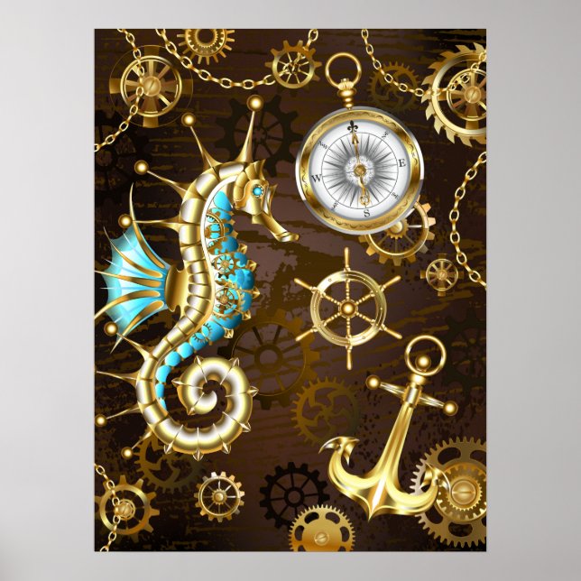 Wooden Background with Mechanical Seahorse Poster (Front)