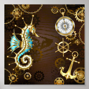 Wooden Background with Mechanical Seahorse Poster