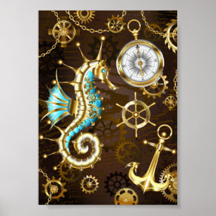 Wooden Background with Mechanical Seahorse Poster