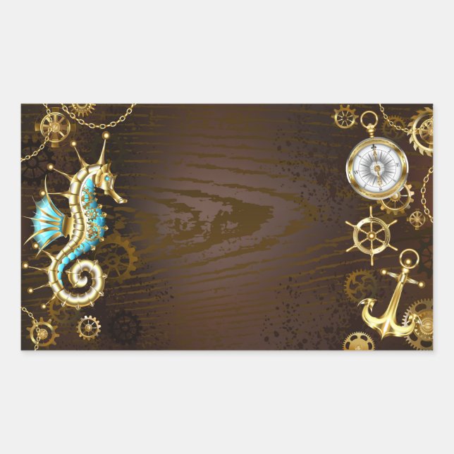 Wooden Background with Mechanical Seahorse Rectangular Sticker (Front)