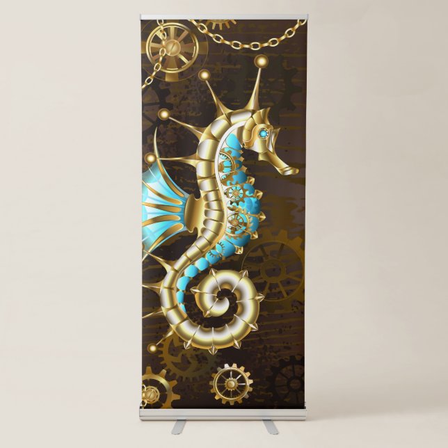 Wooden Background with Mechanical Seahorse Retractable Banner (Front)