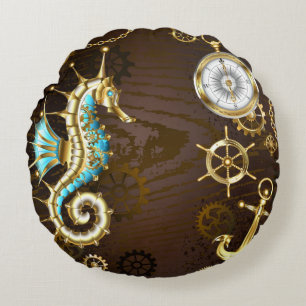 Wooden Background with Mechanical Seahorse Round Pillow