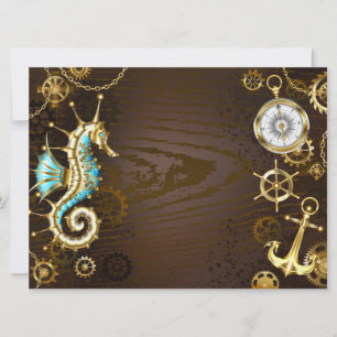 Wooden Background with Mechanical Seahorse Save The Date