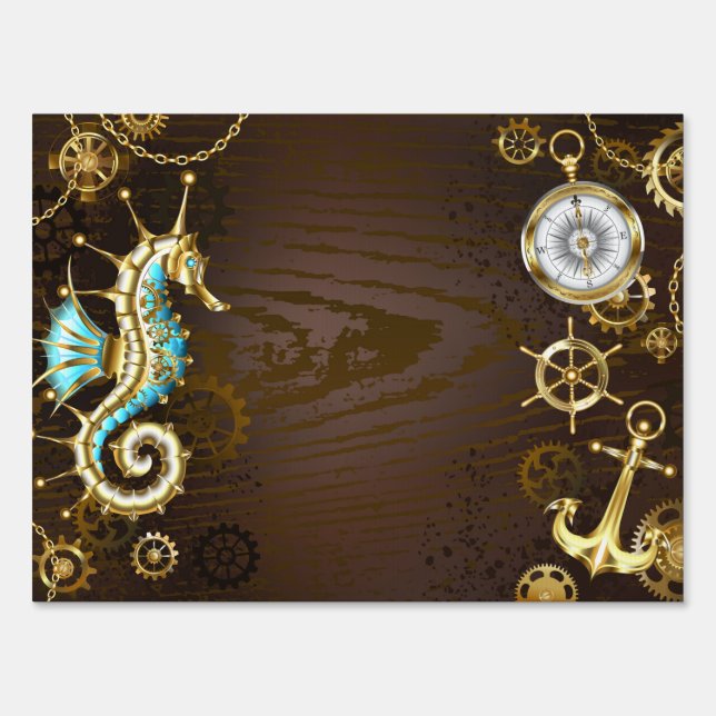 Wooden Background with Mechanical Seahorse Sign (Front)