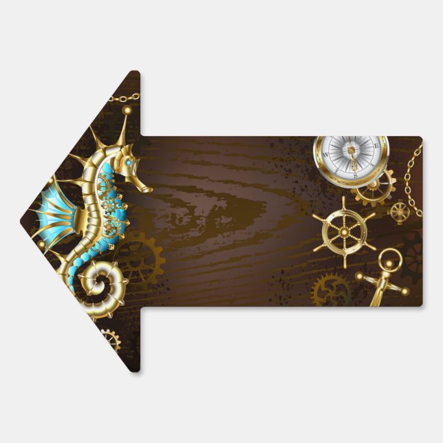 Wooden Background with Mechanical Seahorse Sign (Front)