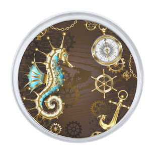 Wooden Background with Mechanical Seahorse Silver Finish Lapel Pin