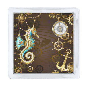 Wooden Background with Mechanical Seahorse Silver Finish Lapel Pin