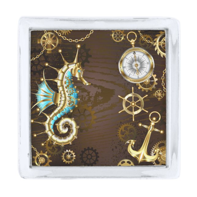 Wooden Background with Mechanical Seahorse Silver Finish Lapel Pin (Front)