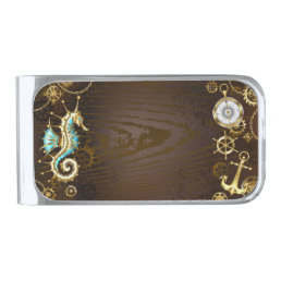 Wooden Background with Mechanical Seahorse Silver Finish Money Clip
