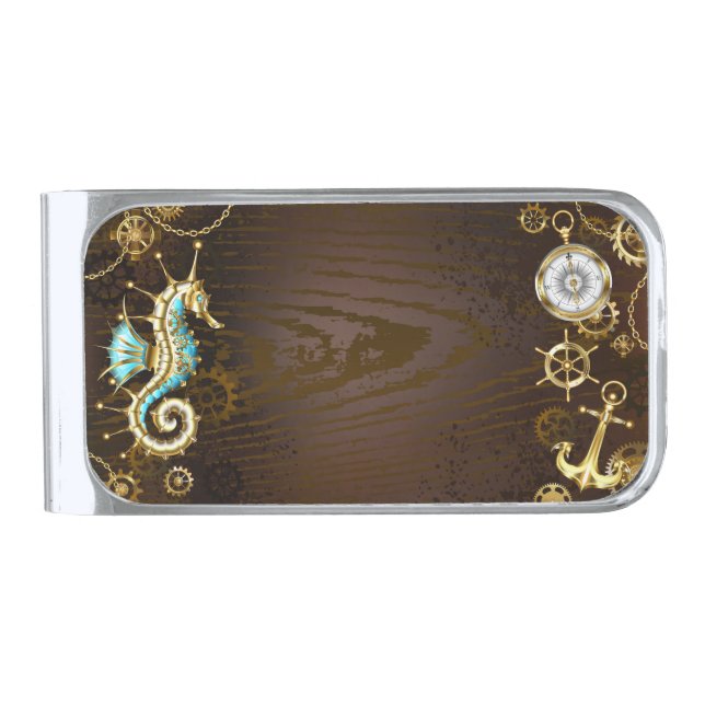 Wooden Background with Mechanical Seahorse Silver Finish Money Clip (Front)