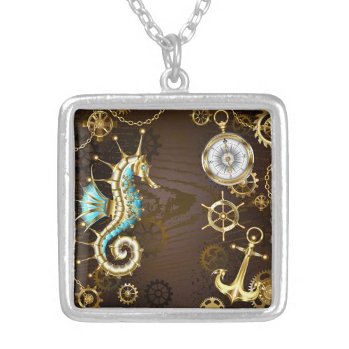 Wooden Background with Mechanical Seahorse Silver Plated Necklace
