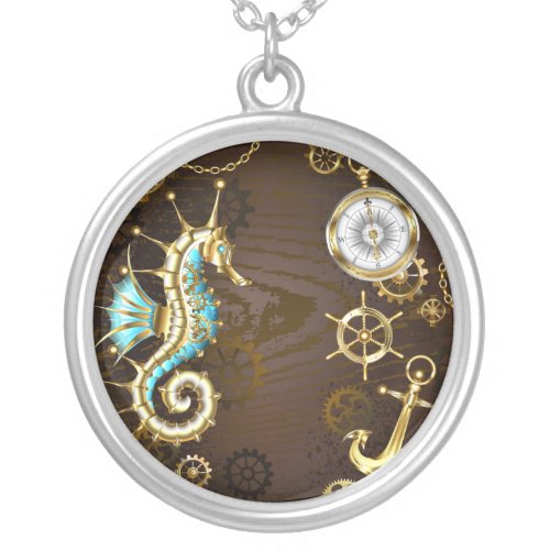 Wooden Background with Mechanical Seahorse Silver Plated Necklace