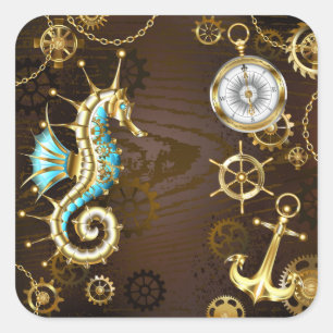 Wooden Background with Mechanical Seahorse Square Sticker