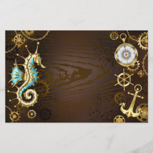 Wooden Background with Mechanical Seahorse Stationery