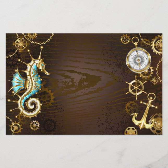 Wooden Background with Mechanical Seahorse Stationery (Front)