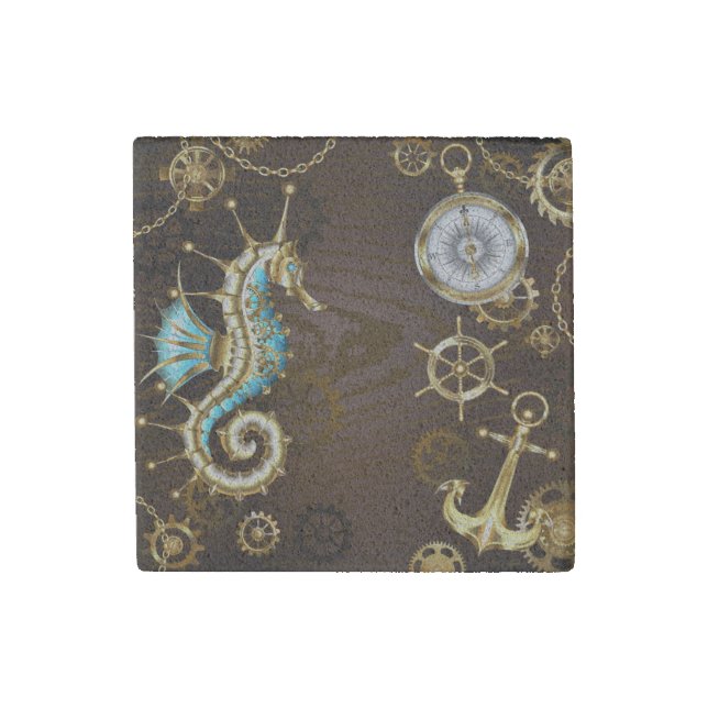 Wooden Background with Mechanical Seahorse Stone Magnet (Front)