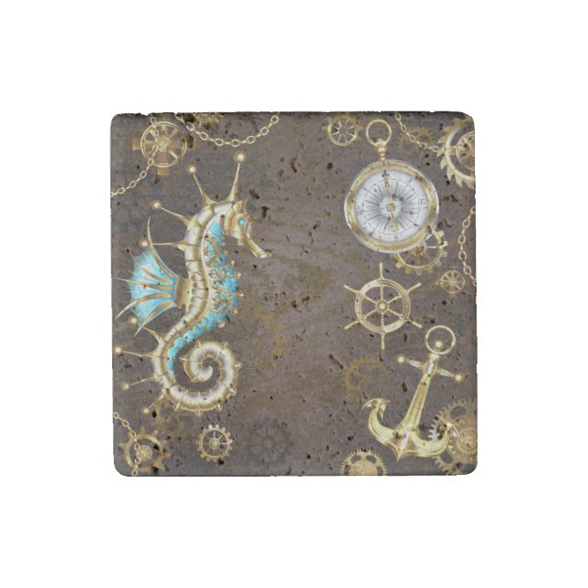 Wooden Background with Mechanical Seahorse Stone Magnet (Front)