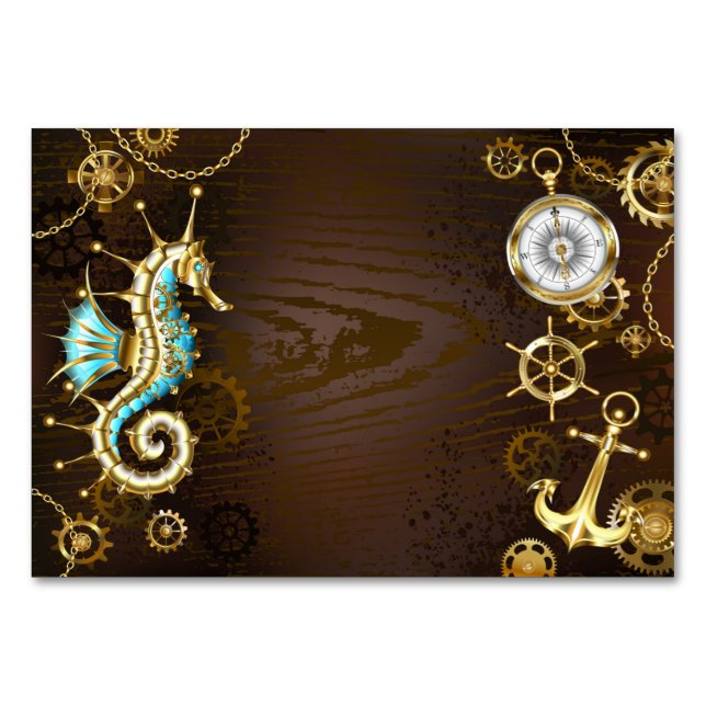 Wooden Background with Mechanical Seahorse Table Number (Front)