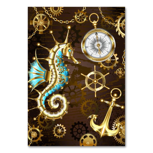 Wooden Background with Mechanical Seahorse Table Number (Front)